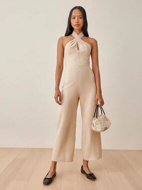 Reformation Adele Linen Jumpsuit Oatmeal - Size 2